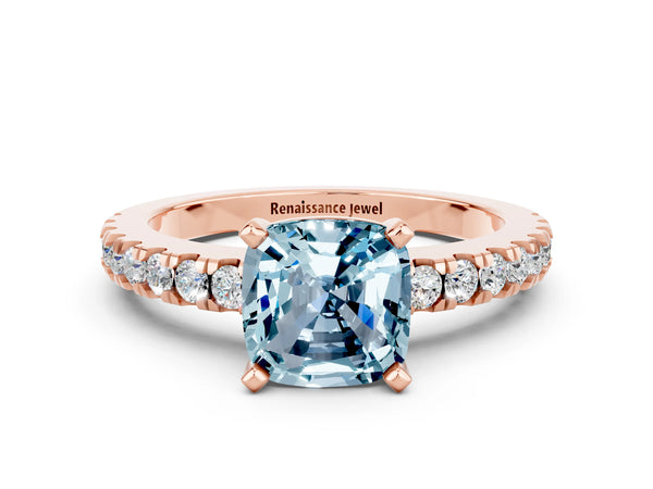 Rose gold Cushion Cut Solitaire Aquamarine with Pavé Band and Four-Prong Setting