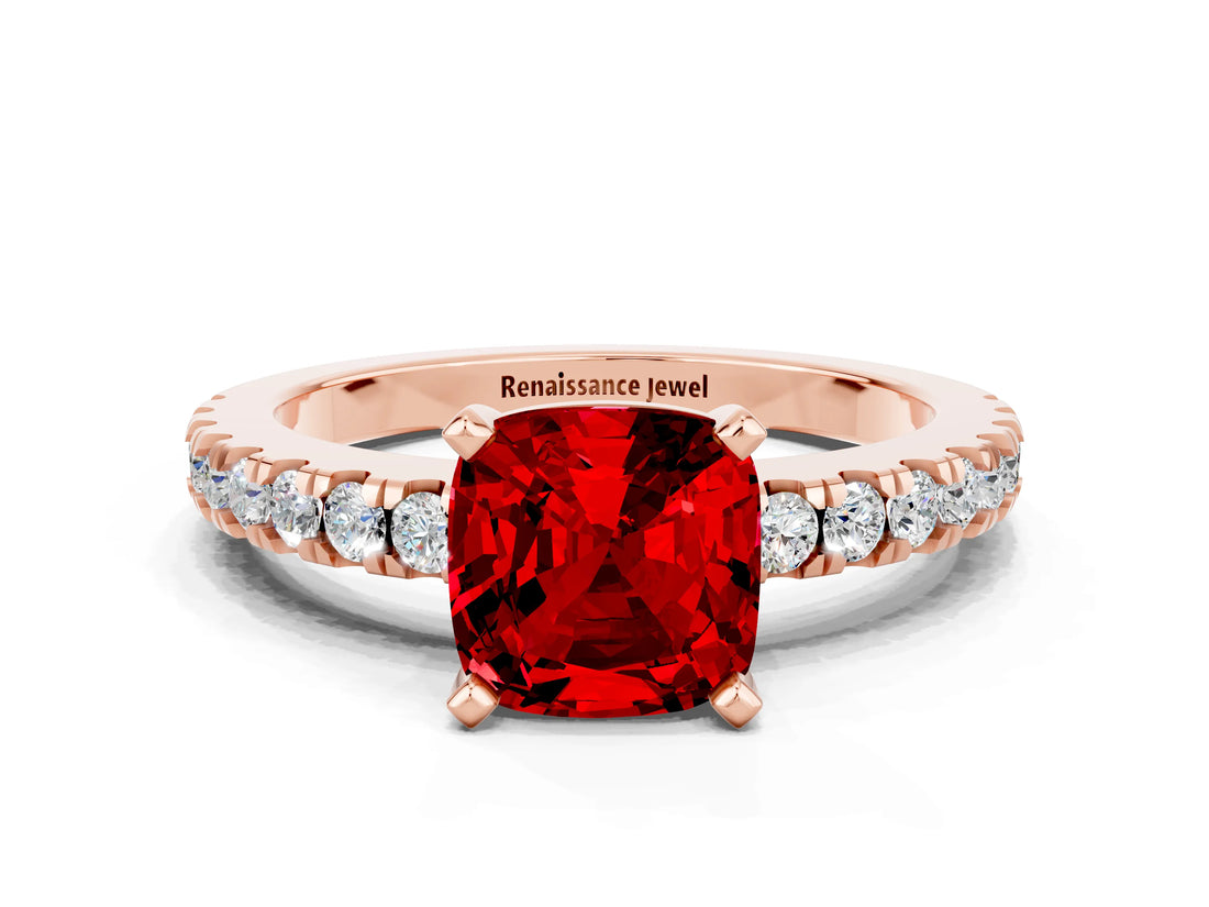 Rose gold Cushion Cut Solitaire Diamond with Pavé Band and Four-Prong Setting