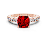 Rose gold Cushion Cut Solitaire Diamond with Pavé Band and Four-Prong Setting