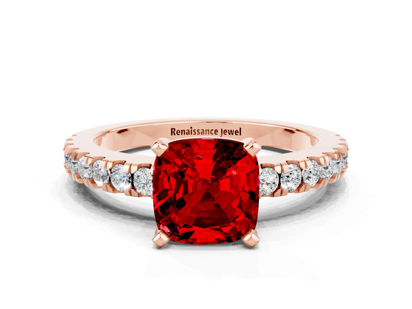 Rose gold Cushion Cut Solitaire Ruby with Pavé Band and Four-Prong Setting