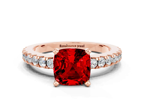 Rose gold Cushion Cut Solitaire Diamond with Pavé Band and Four-Prong Setting