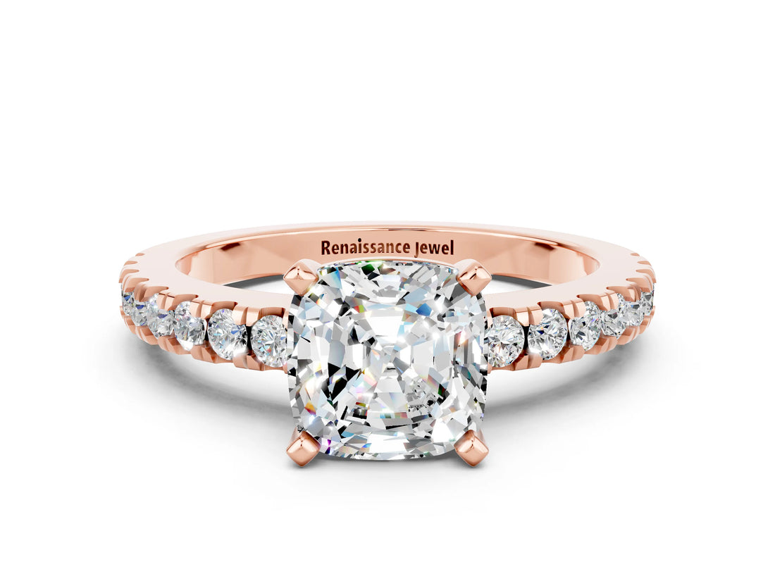 Rose gold Cushion Cut Solitaire Diamond with Pavé Band and Four-Prong Setting