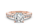 Rose gold Cushion Cut Solitaire Diamond with Pavé Band and Four-Prong Setting