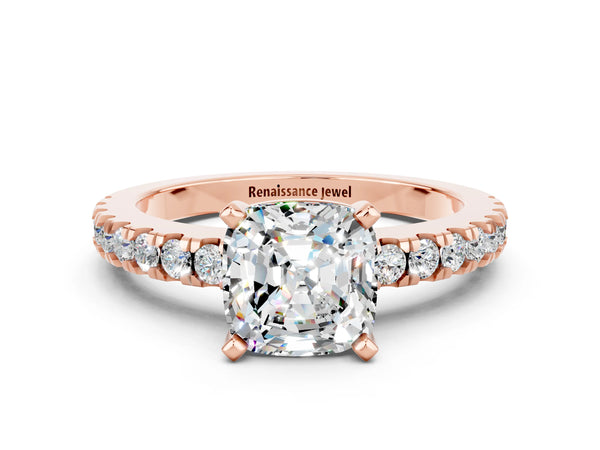 Rose gold Cushion Cut Solitaire Moissanite with Pavé Band and Four-Prong Setting