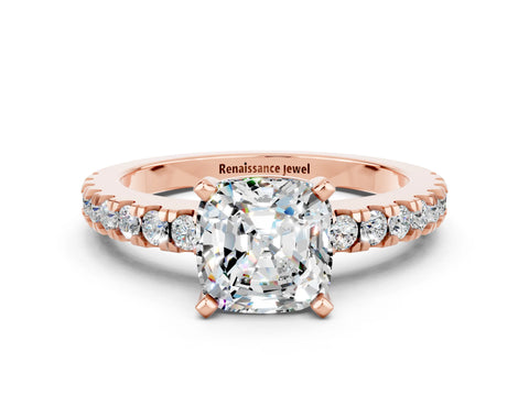 Rose gold Cushion Cut Solitaire Diamond with Pavé Band and Four-Prong Setting