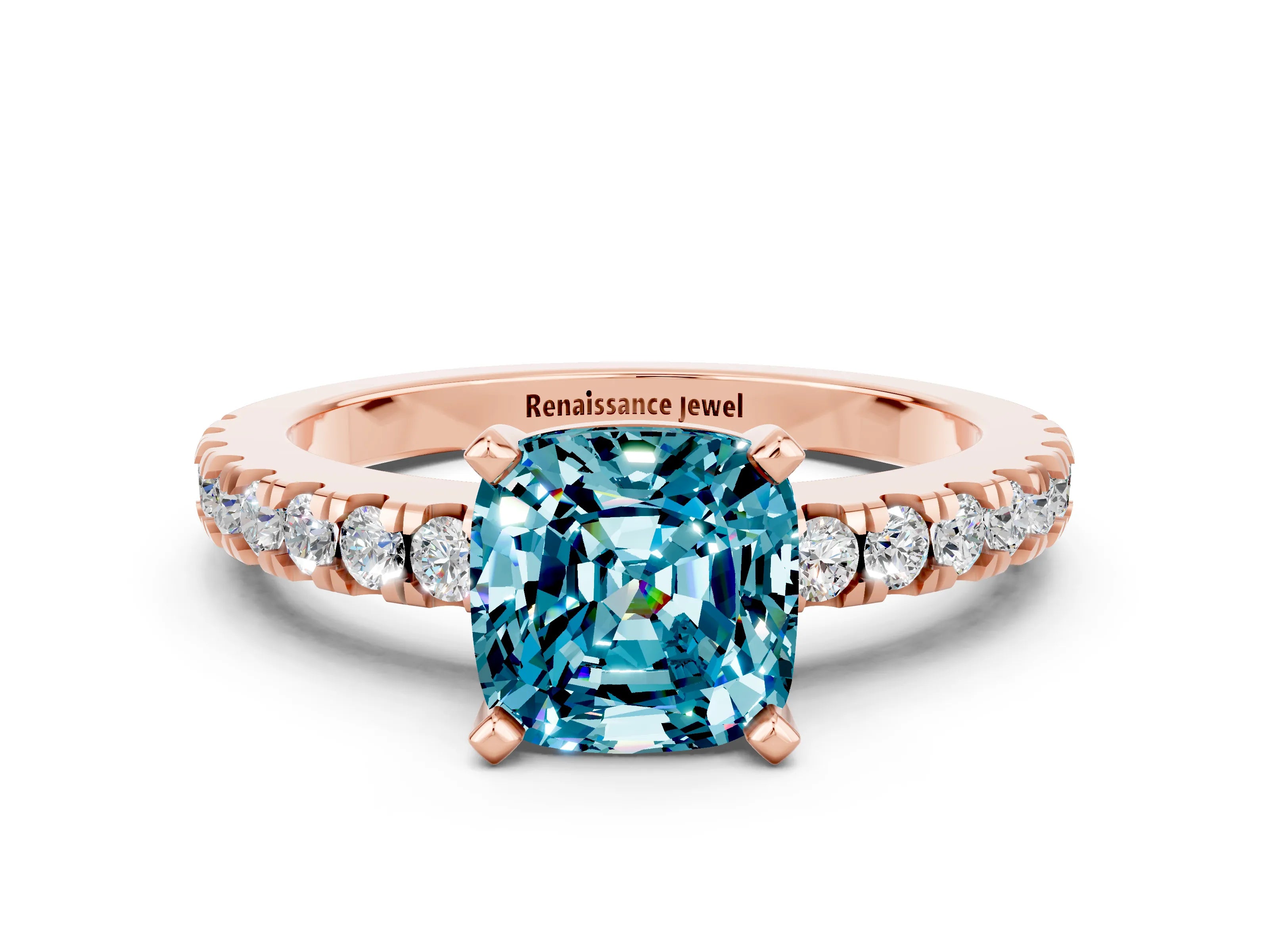 Rose gold Cushion Cut Solitaire Diamond with Pavé Band and Four-Prong Setting