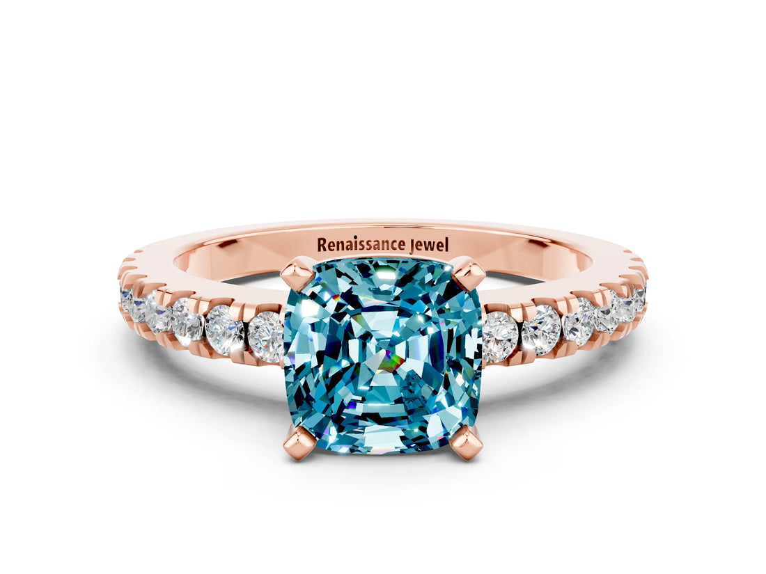 Rose gold Cushion Cut Solitaire Diamond with Pavé Band and Four-Prong Setting
