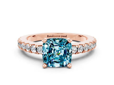 Rose gold Cushion Cut Solitaire Diamond with Pavé Band and Four-Prong Setting