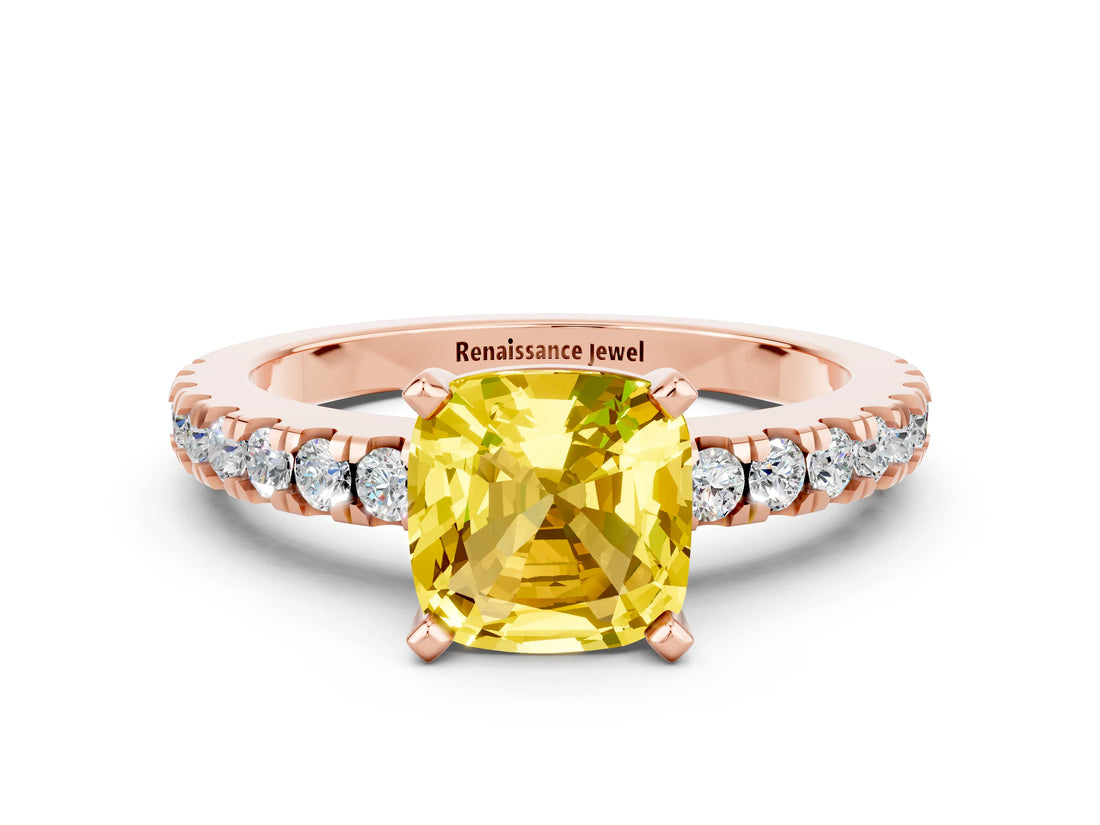 Rose gold Cushion Cut Solitaire Diamond with Pavé Band and Four-Prong Setting