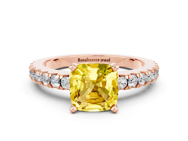 Rose gold Cushion Cut Solitaire Yellow Sapphire with Pavé Band and Four-Prong Setting