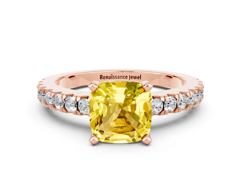 Rose gold Cushion Cut Solitaire Diamond with Pavé Band and Four-Prong Setting