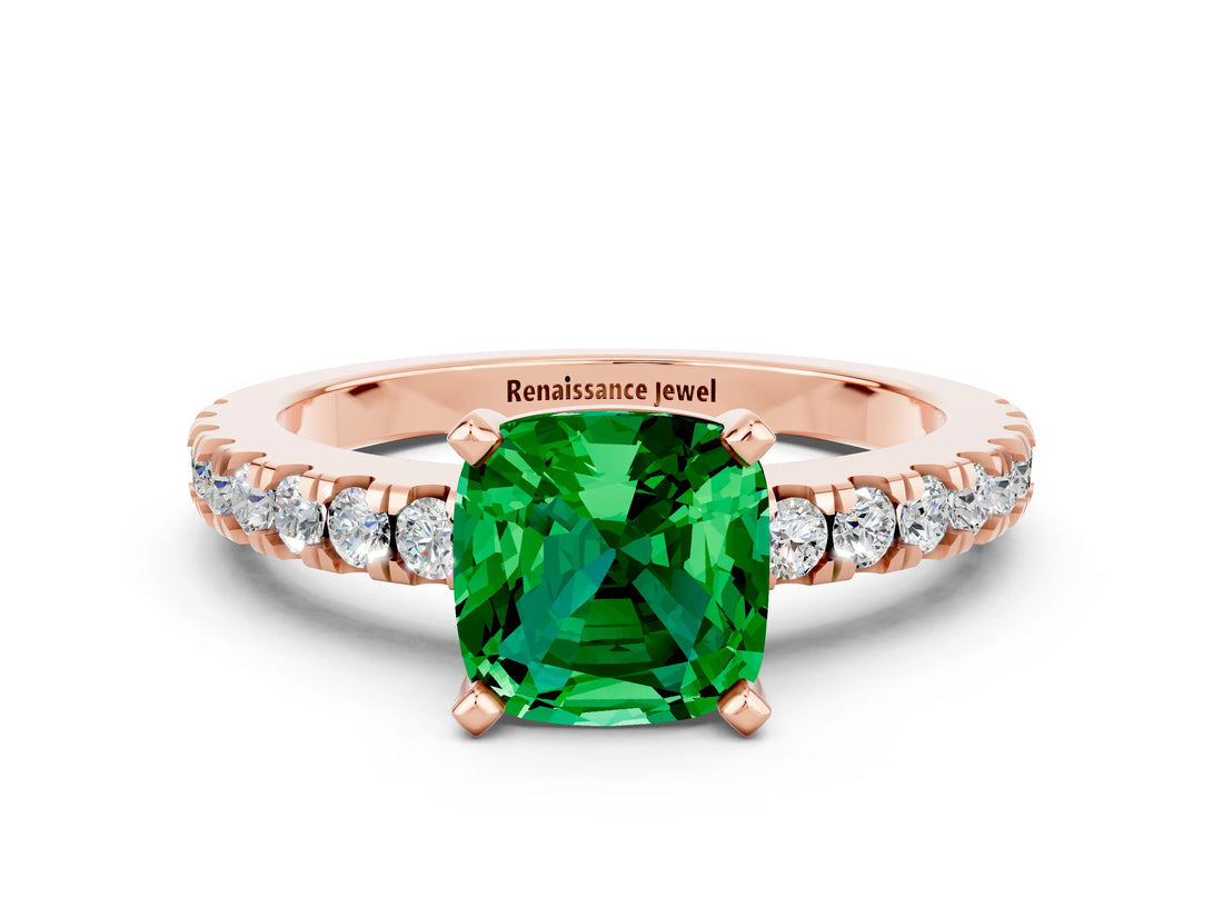 Rose gold Cushion Cut Solitaire Diamond with Pavé Band and Four-Prong Setting