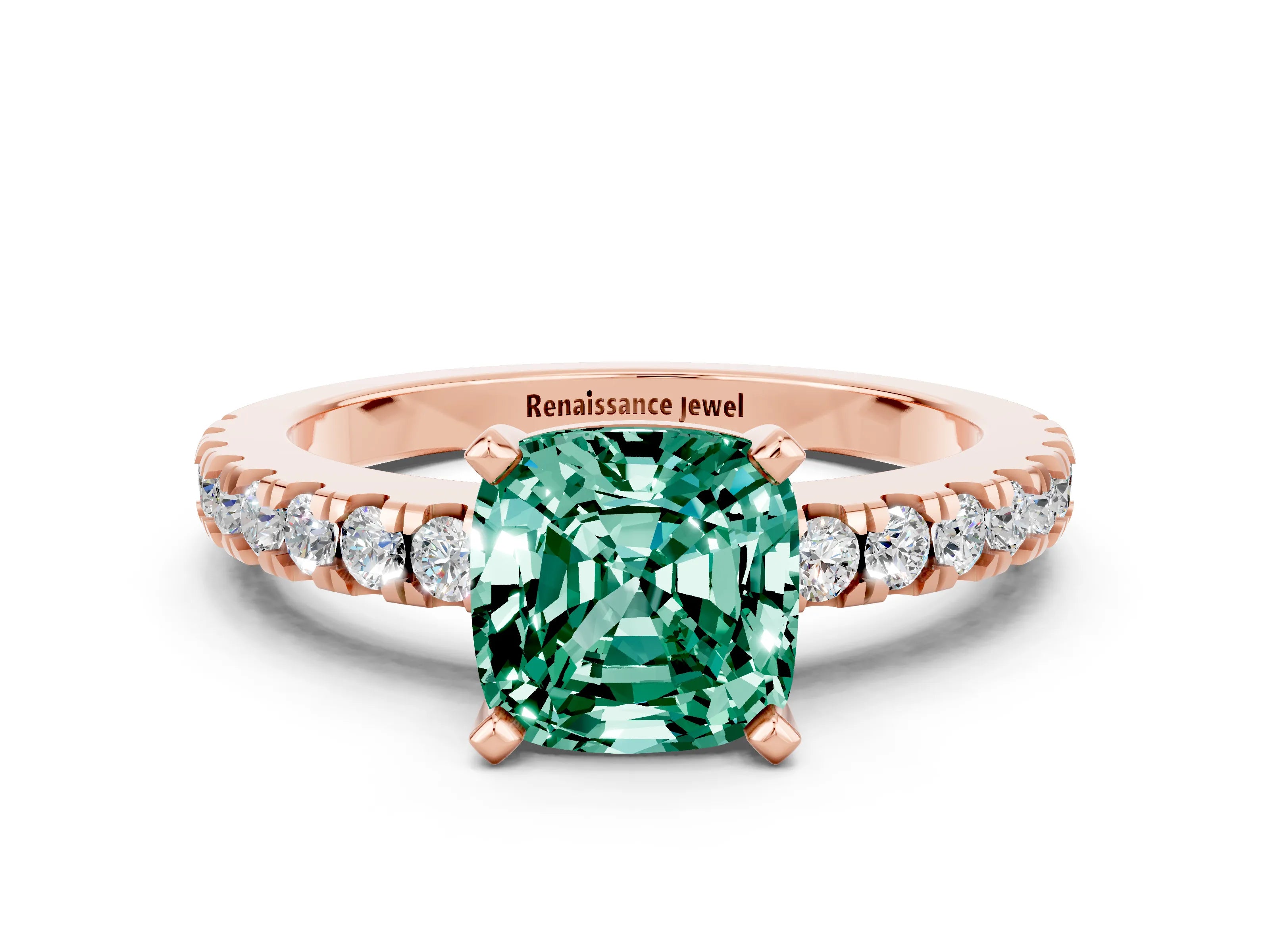 Rose gold Cushion Cut Solitaire Diamond with Pavé Band and Four-Prong Setting