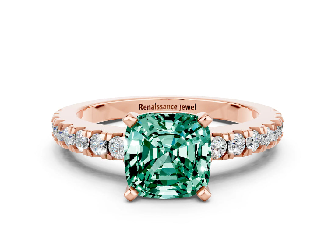 Rose gold Cushion Cut Solitaire Diamond with Pavé Band and Four-Prong Setting