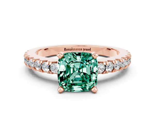 Rose gold Cushion Cut Solitaire Green Sapphire with Pavé Band and Four-Prong Setting