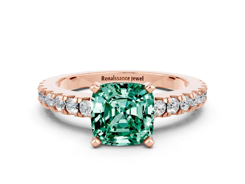 Rose gold Cushion Cut Solitaire Diamond with Pavé Band and Four-Prong Setting
