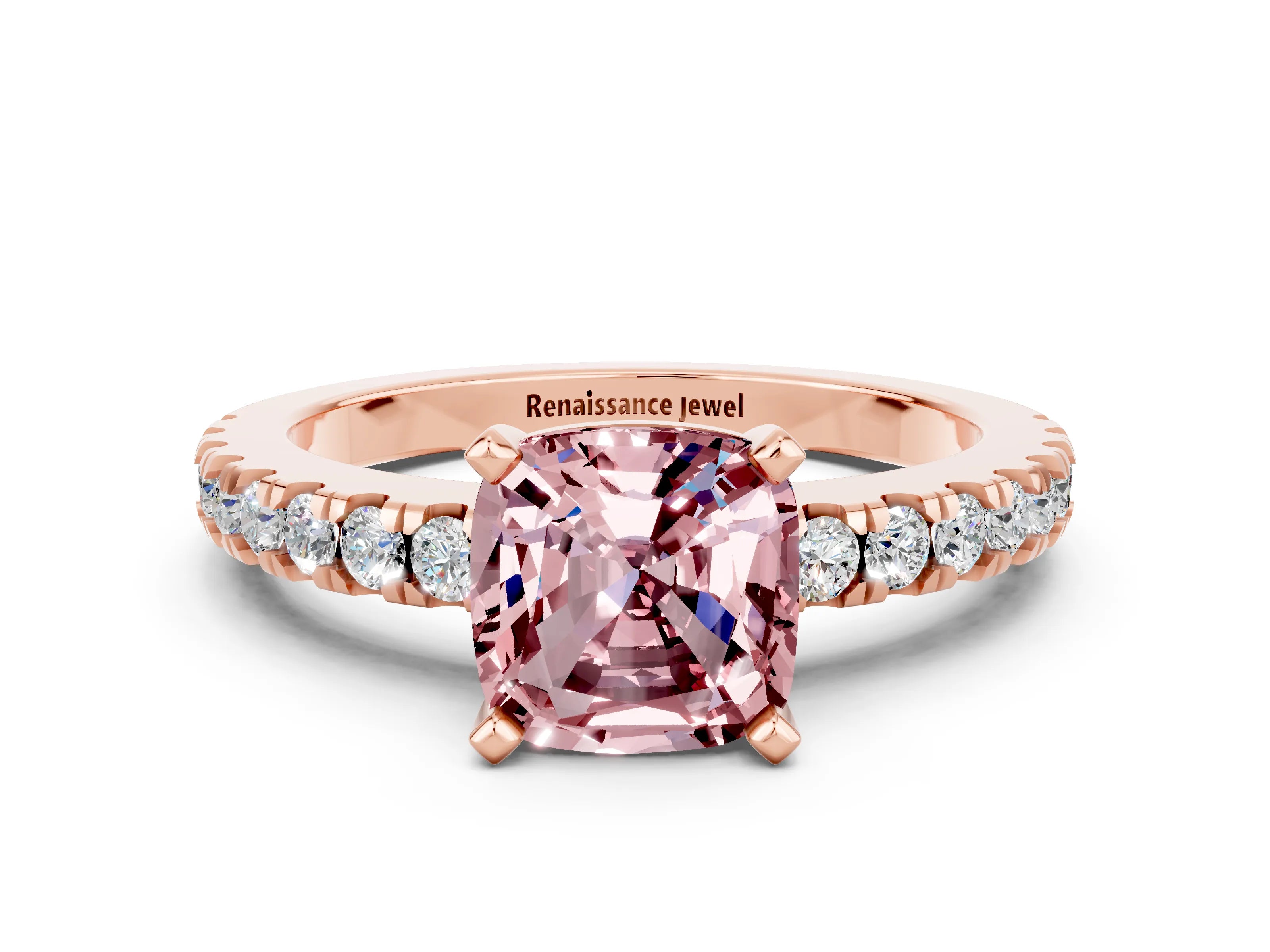 Rose gold Cushion Cut Solitaire Diamond with Pavé Band and Four-Prong Setting