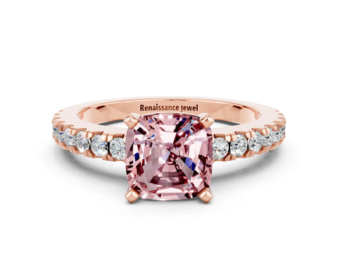 Rose gold Cushion Cut Solitaire Diamond with Pavé Band and Four-Prong Setting
