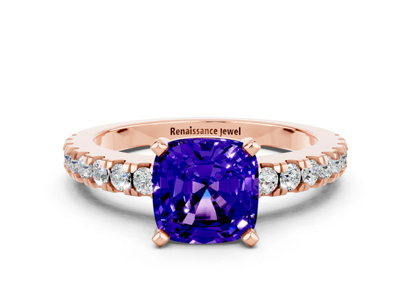 Rose gold Cushion Cut Solitaire Tanzanite with Pavé Band and Four-Prong Setting