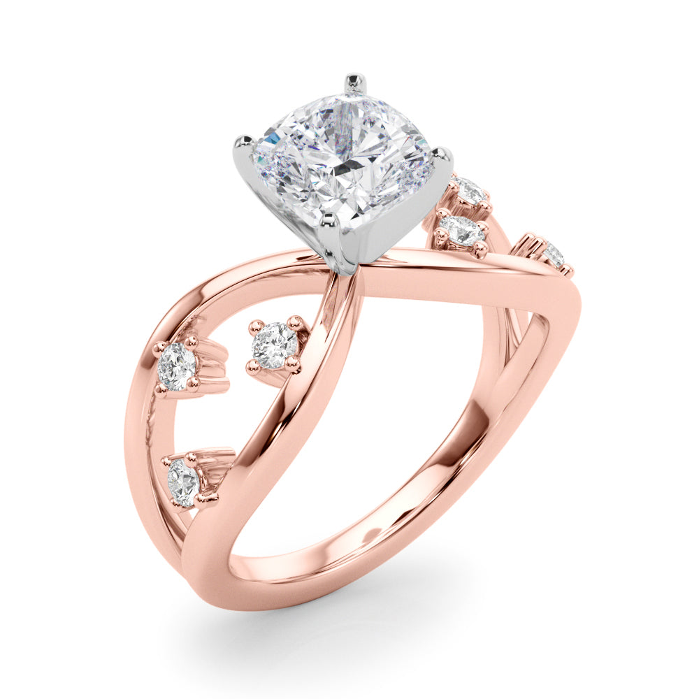 Rose gold Cushion Cut Solitaire Diamond with Side Stones on Criss-Cross Band and Four-Prong Setting 1