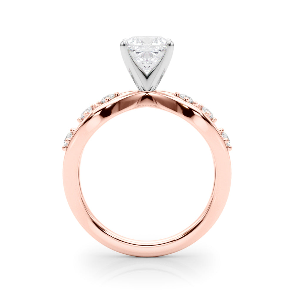 Rose gold Cushion Cut Solitaire Diamond with Side Stones on Criss-Cross Band and Four-Prong Setting 2