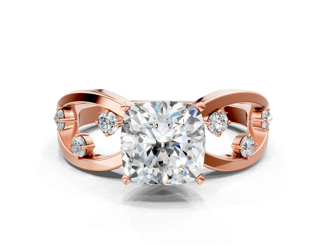 Rose gold Cushion Cut Solitaire Diamond with Side Stones on Criss-Cross Band and Four-Prong Setting_25