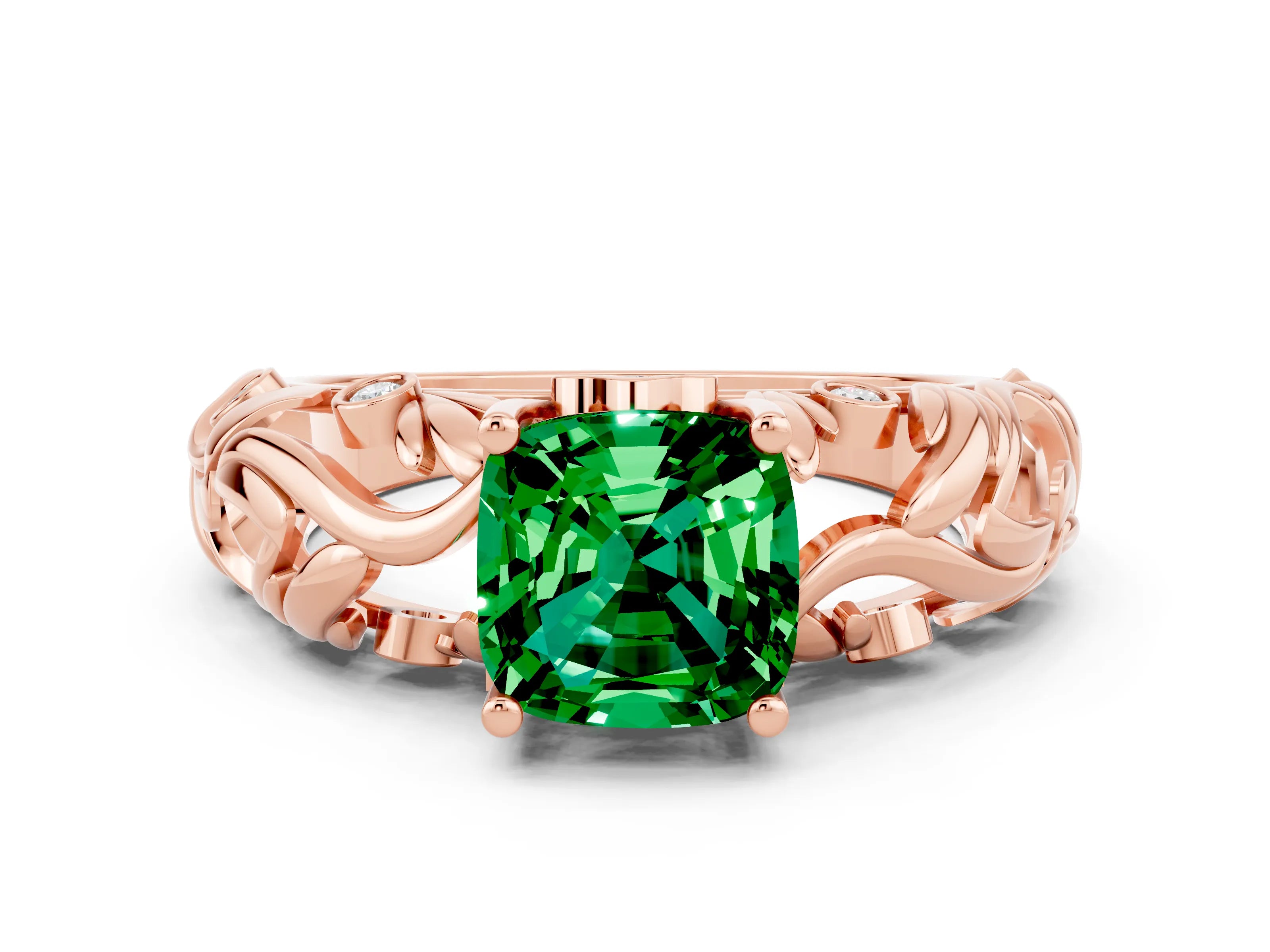 Rose gold Cushion Cut Solitaire Emerald Leaf-Inspired Vine Band Ring with Prong Setting