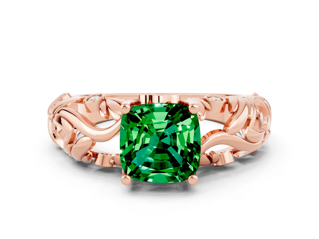 Rose gold Cushion Cut Solitaire Emerald Leaf-Inspired Vine Band Ring with Prong Setting