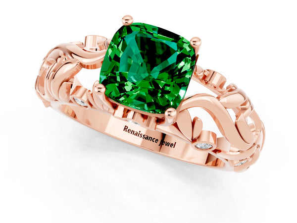 Rose gold Cushion Cut Solitaire Emerald Leaf-Inspired Vine Band Ring with Prong Setting