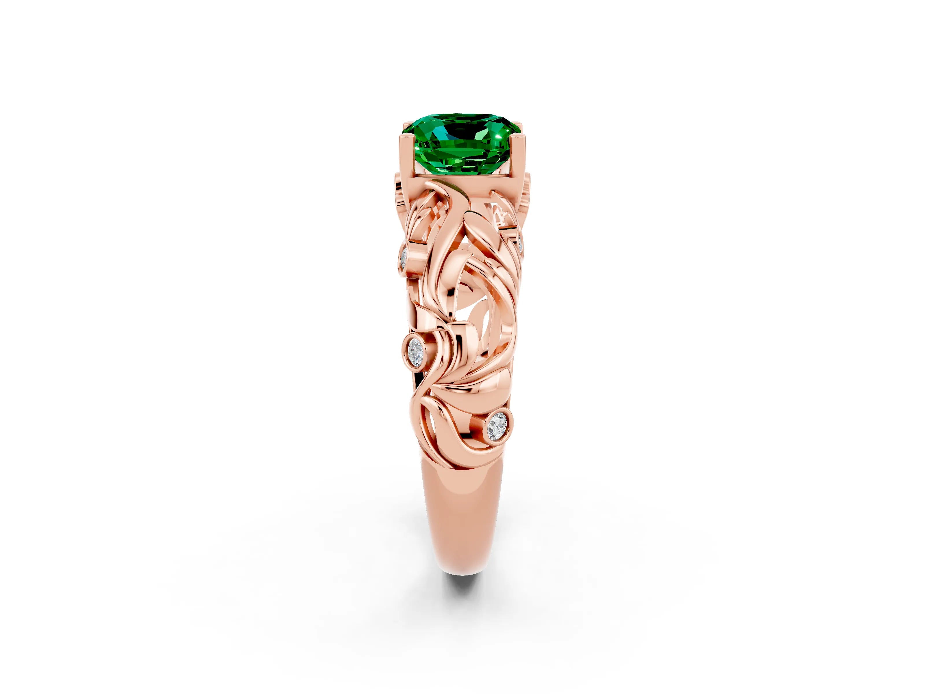 Rose gold Cushion Cut Solitaire Emerald Leaf-Inspired Vine Band Ring with Prong Setting_2
