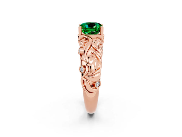Rose gold Cushion Cut Solitaire Emerald Leaf-Inspired Vine Band Ring with Prong Setting