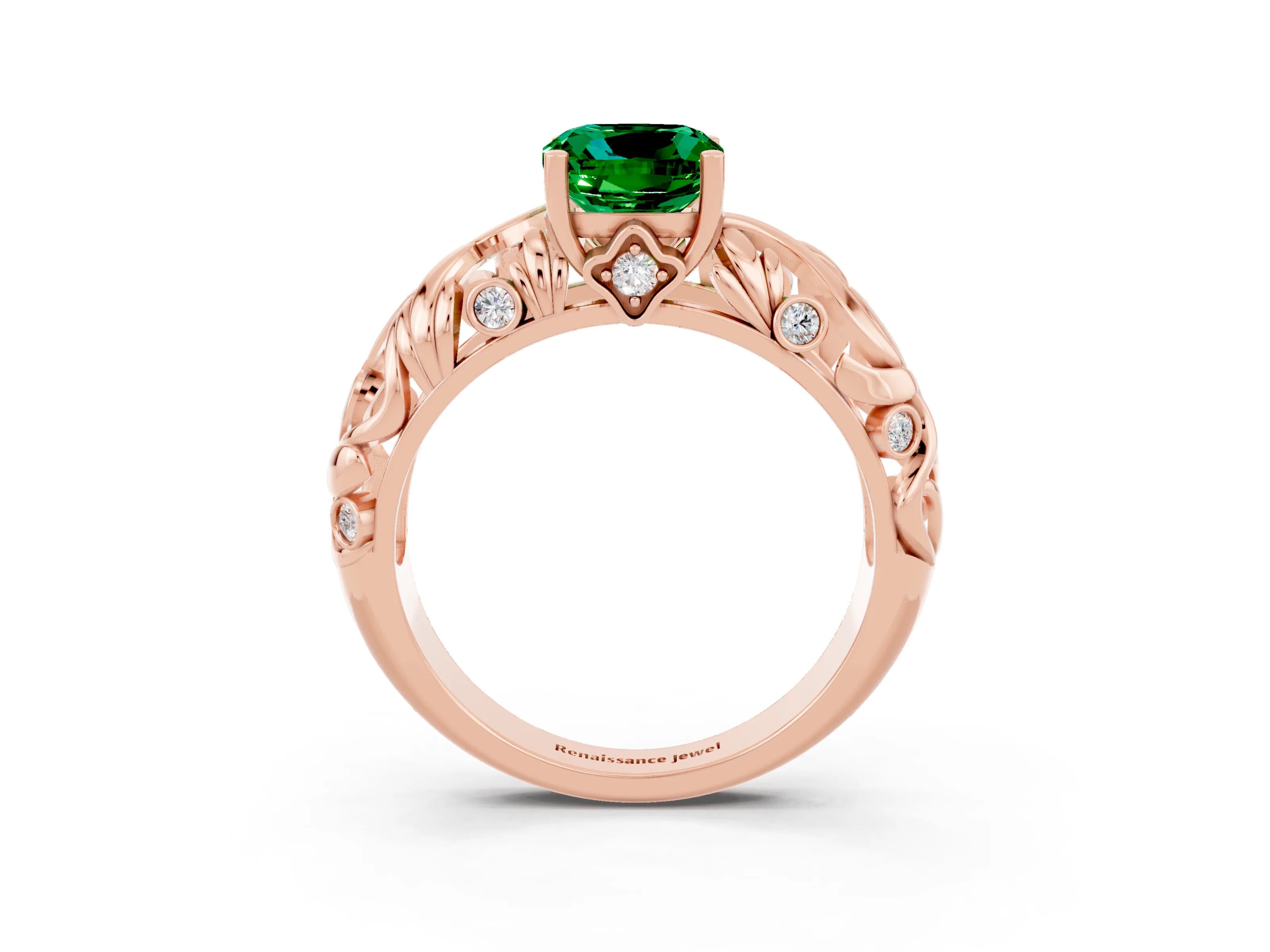 Rose gold Cushion Cut Solitaire Emerald Leaf-Inspired Vine Band Ring with Prong Setting_3