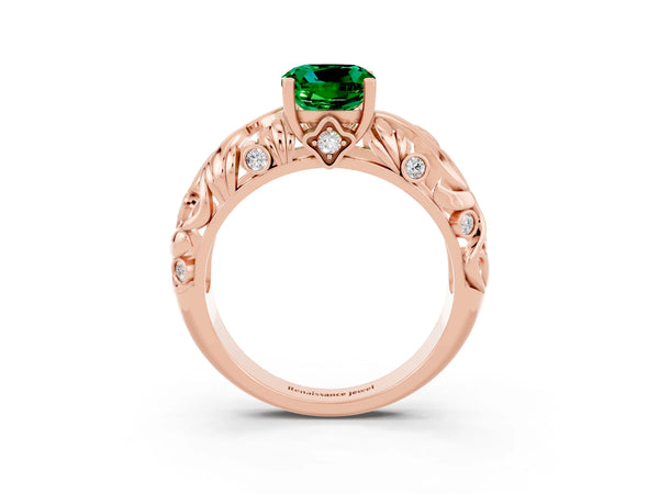 Rose gold Cushion Cut Solitaire Emerald Leaf-Inspired Vine Band Ring with Prong Setting