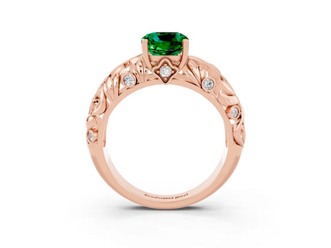 Rose gold Cushion Cut Solitaire Emerald Leaf-Inspired Vine Band Ring with Prong Setting_3