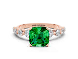 Rose gold Cushion Cut Solitaire Emerald Ring with Pave Band and Four-Prong Setting