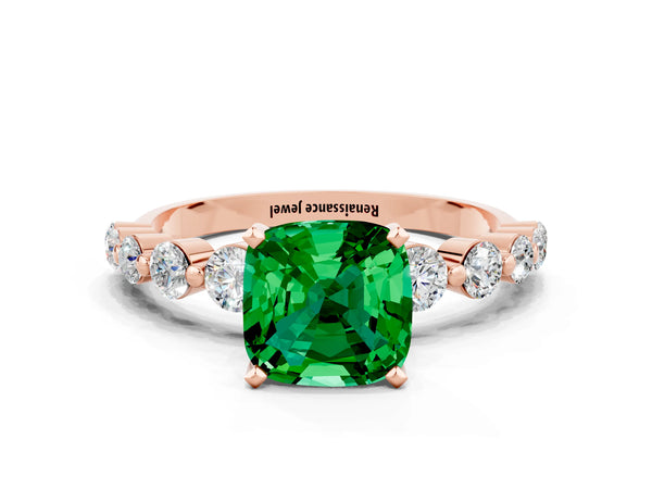 Rose gold Cushion Cut Solitaire Emerald Ring with Pave Band and Four-Prong Setting
