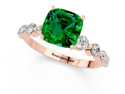 Rose gold Cushion Cut Solitaire Emerald Ring with Pave Band and Four-Prong Setting_1
