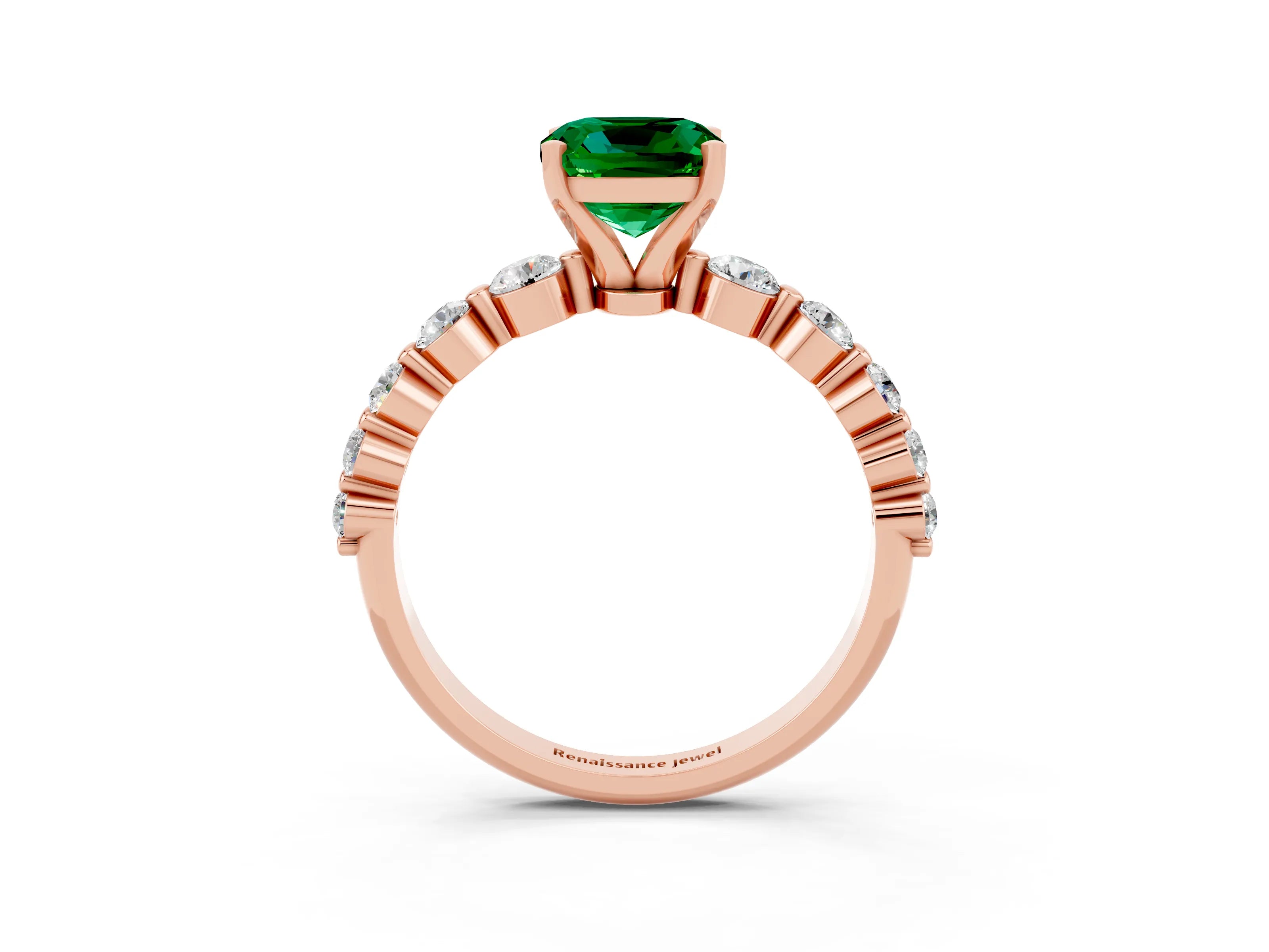 Rose gold Cushion Cut Solitaire Emerald Ring with Pave Band and Four-Prong Setting_3