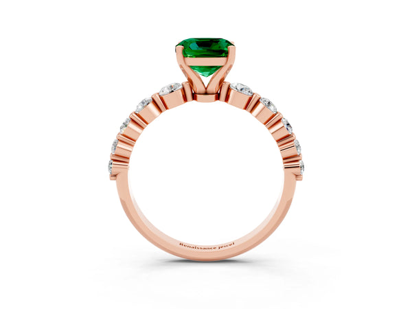 Rose gold Cushion Cut Solitaire Emerald Ring with Pave Band and Four-Prong Setting