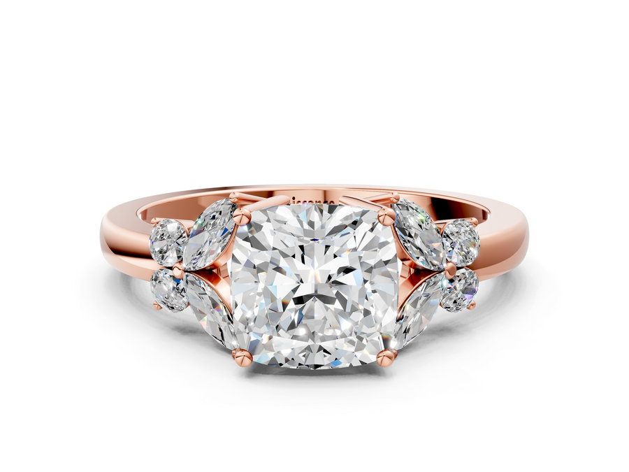 Rose gold Cushion Cut Solitaire Floral Diamond Ring with Four-Prong Setting