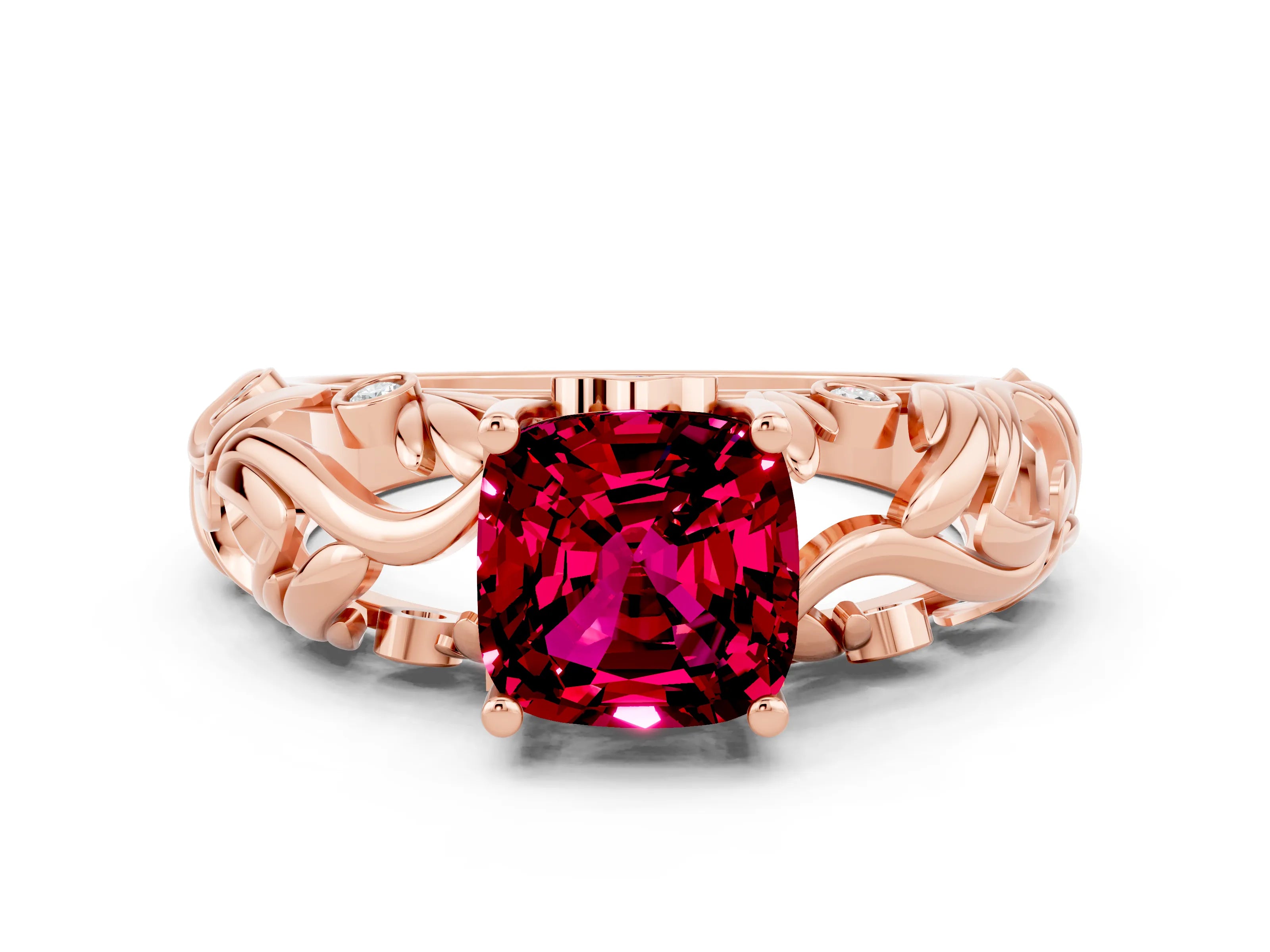 Rose gold Cushion Cut Solitaire Garnet Leaf-Inspired Vine Band Ring with Prong Setting