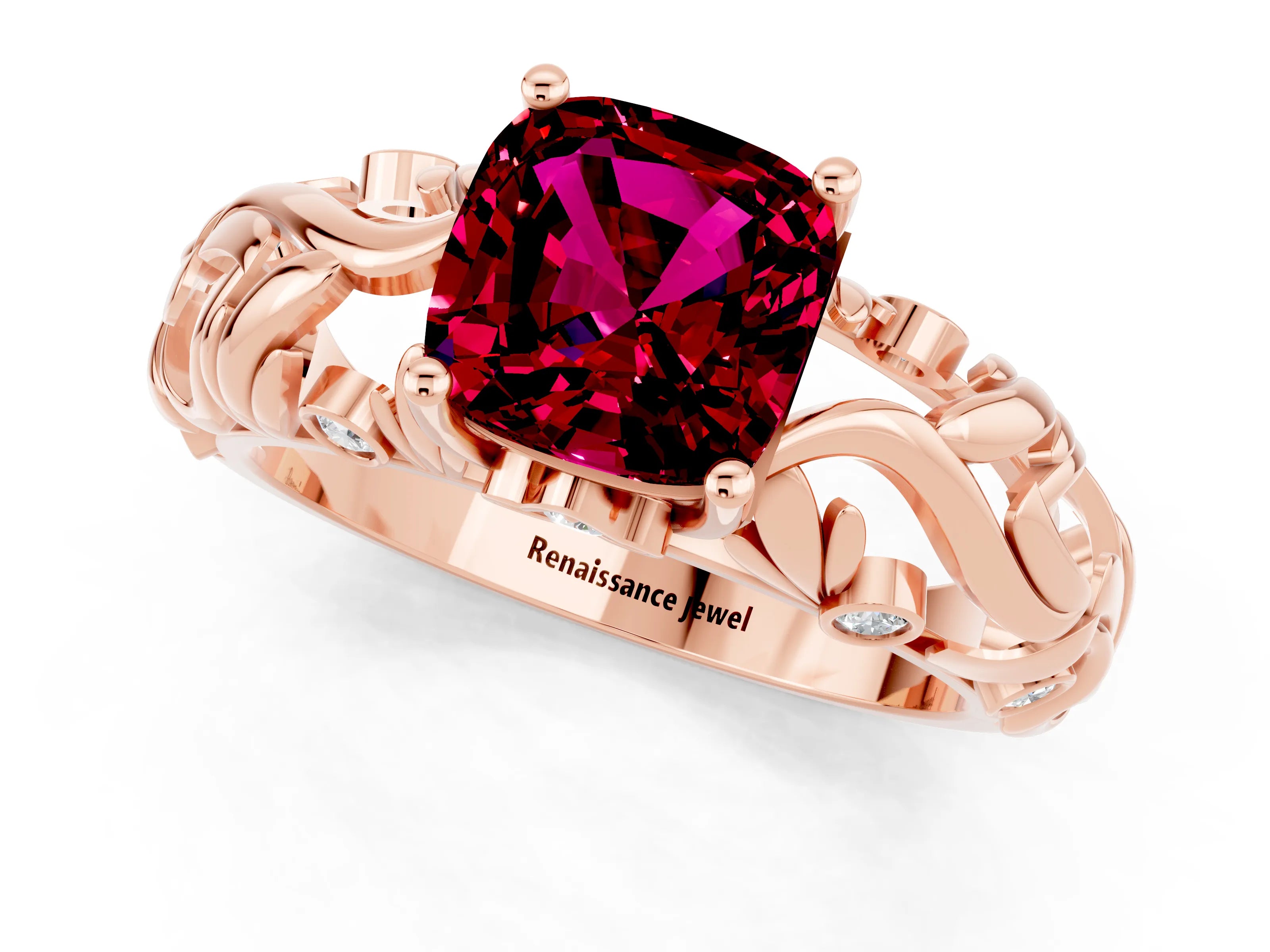 Rose gold Cushion Cut Solitaire Garnet Leaf-Inspired Vine Band Ring with Prong Setting_1