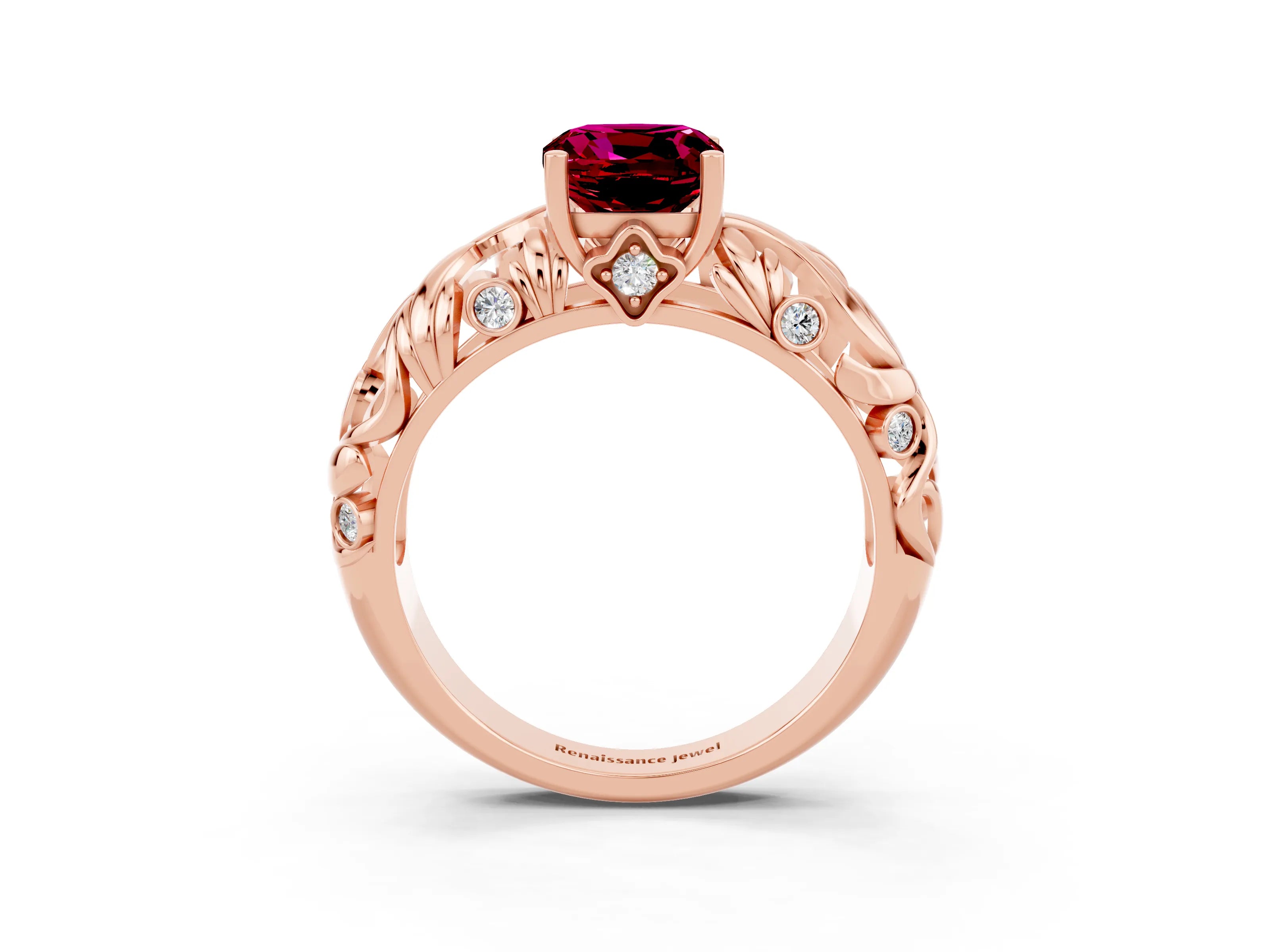 Rose gold Cushion Cut Solitaire Garnet Leaf-Inspired Vine Band Ring with Prong Setting_3