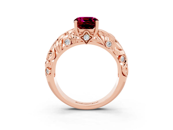 Rose gold Cushion Cut Solitaire Garnet Leaf-Inspired Vine Band Ring with Prong Setting