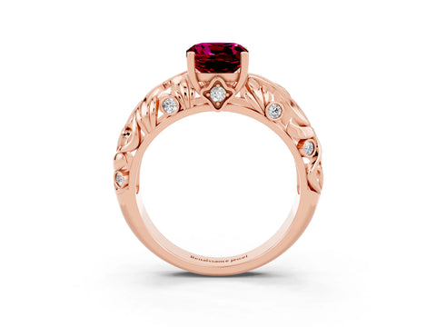 Rose gold Cushion Cut Solitaire Garnet Leaf-Inspired Vine Band Ring with Prong Setting_3