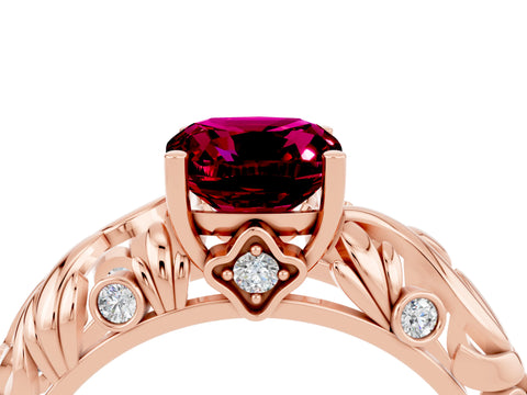 Rose gold Cushion Cut Solitaire Garnet Leaf-Inspired Vine Band Ring with Prong Setting_4