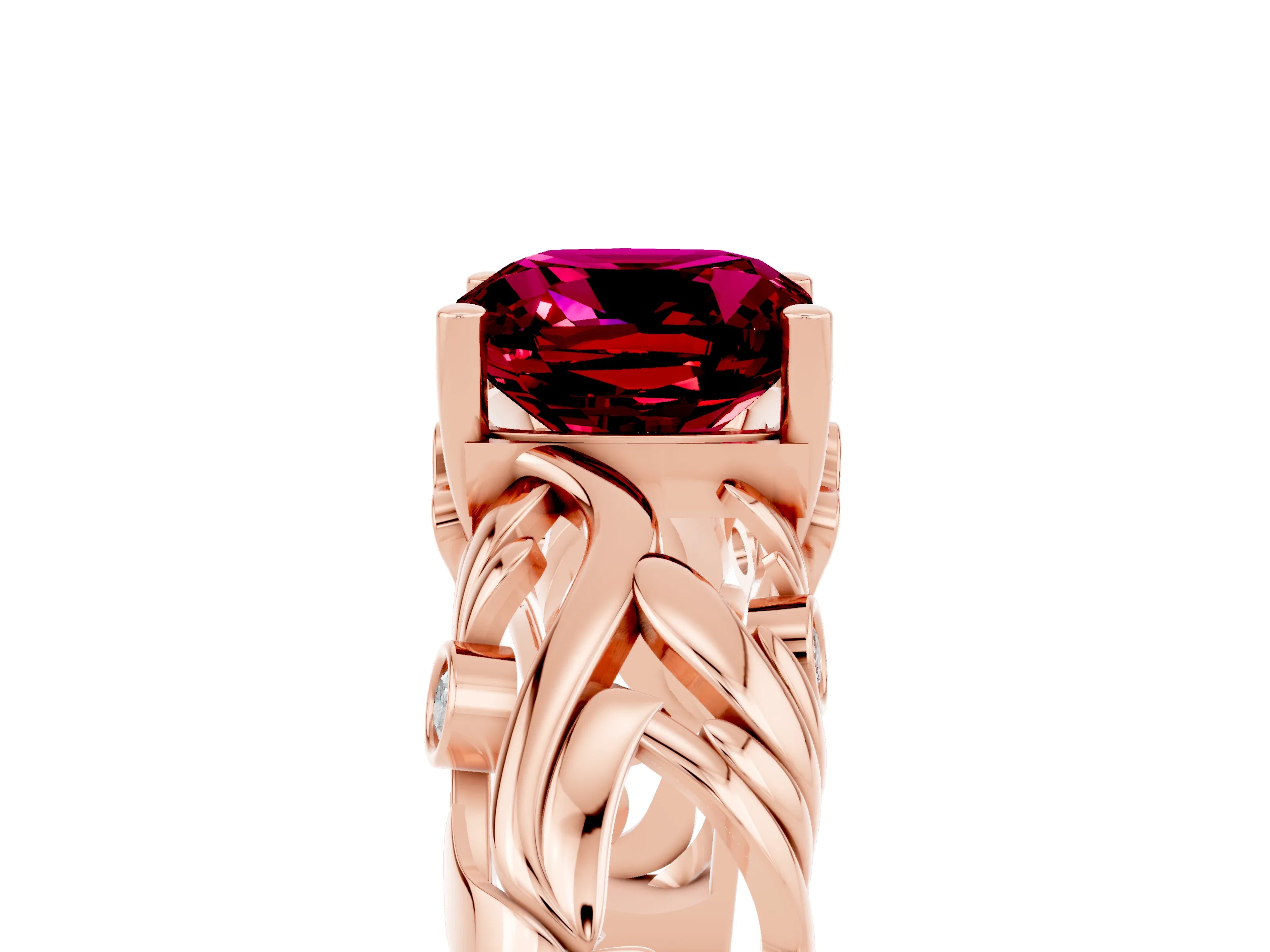 Rose gold Cushion Cut Solitaire Garnet Leaf-Inspired Vine Band Ring with Prong Setting_5