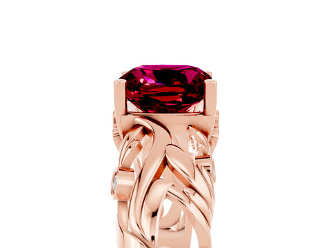 Rose gold Cushion Cut Solitaire Garnet Leaf-Inspired Vine Band Ring with Prong Setting_5