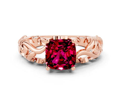 Rose gold Cushion Cut Solitaire Garnet Leaf-Inspired Vine Band Ring with Prong Setting