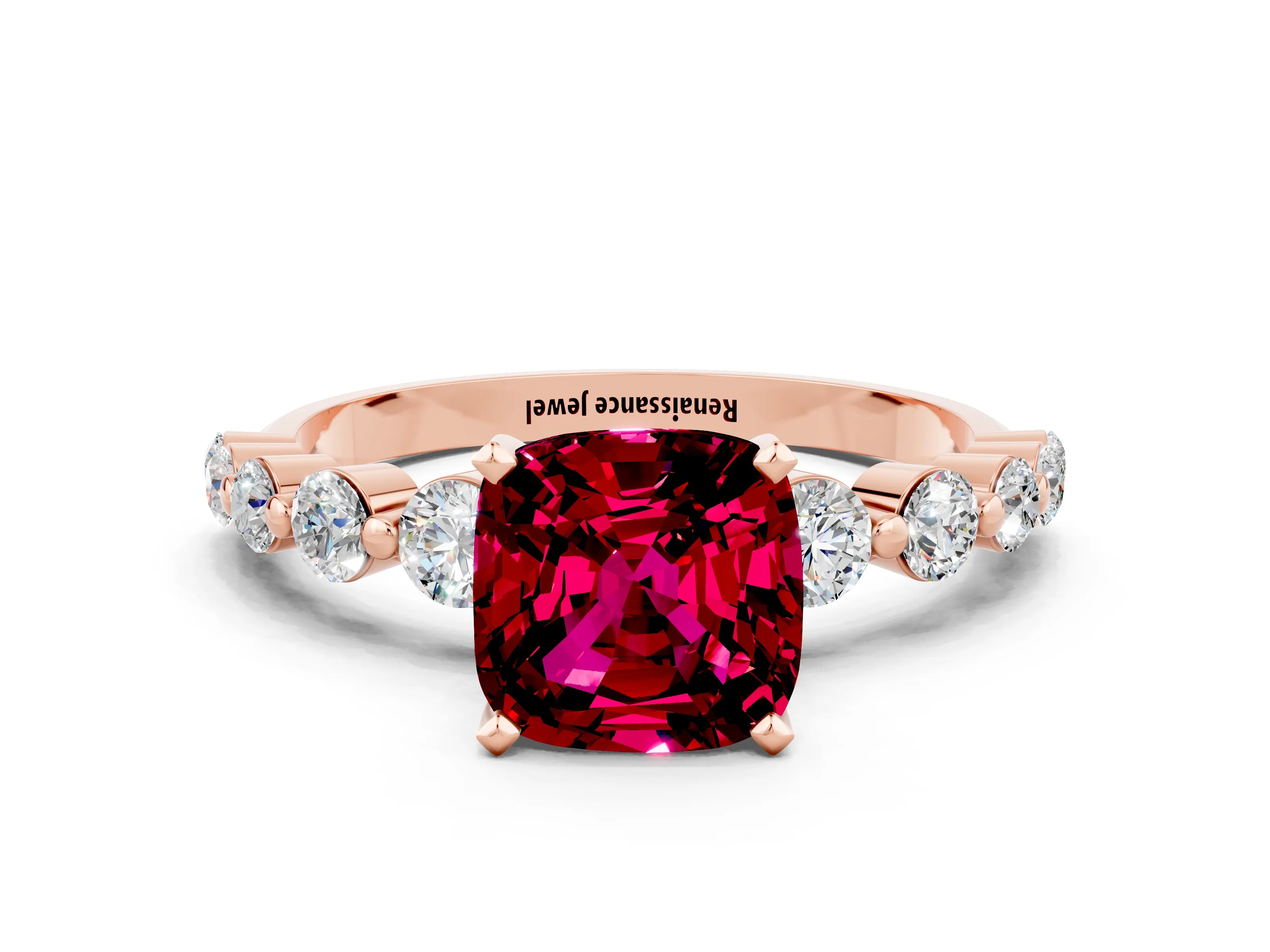 Rose gold Cushion Cut Solitaire Garnet Ring with Pave Band and Four-Prong Setting